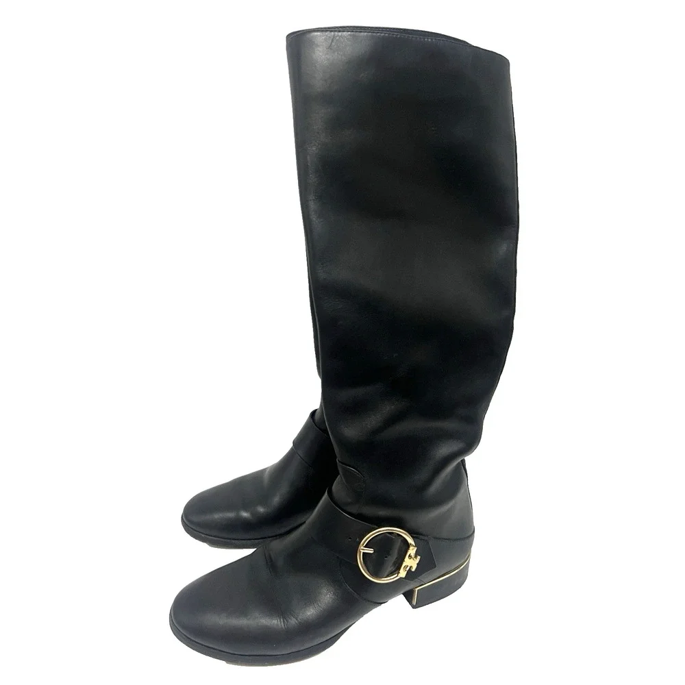 Tory Burch Sophia Black Leather Tall Riding Side Zip Boots 7M Gold Accents Logo